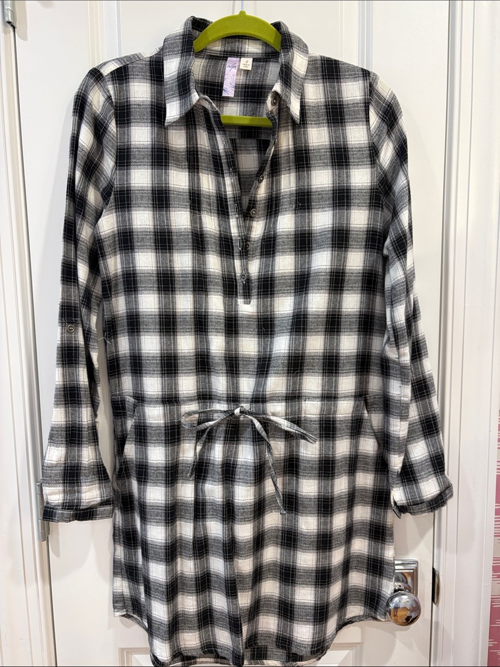 Alya Black & White Plaid Drawstring Mini Shirt Dress